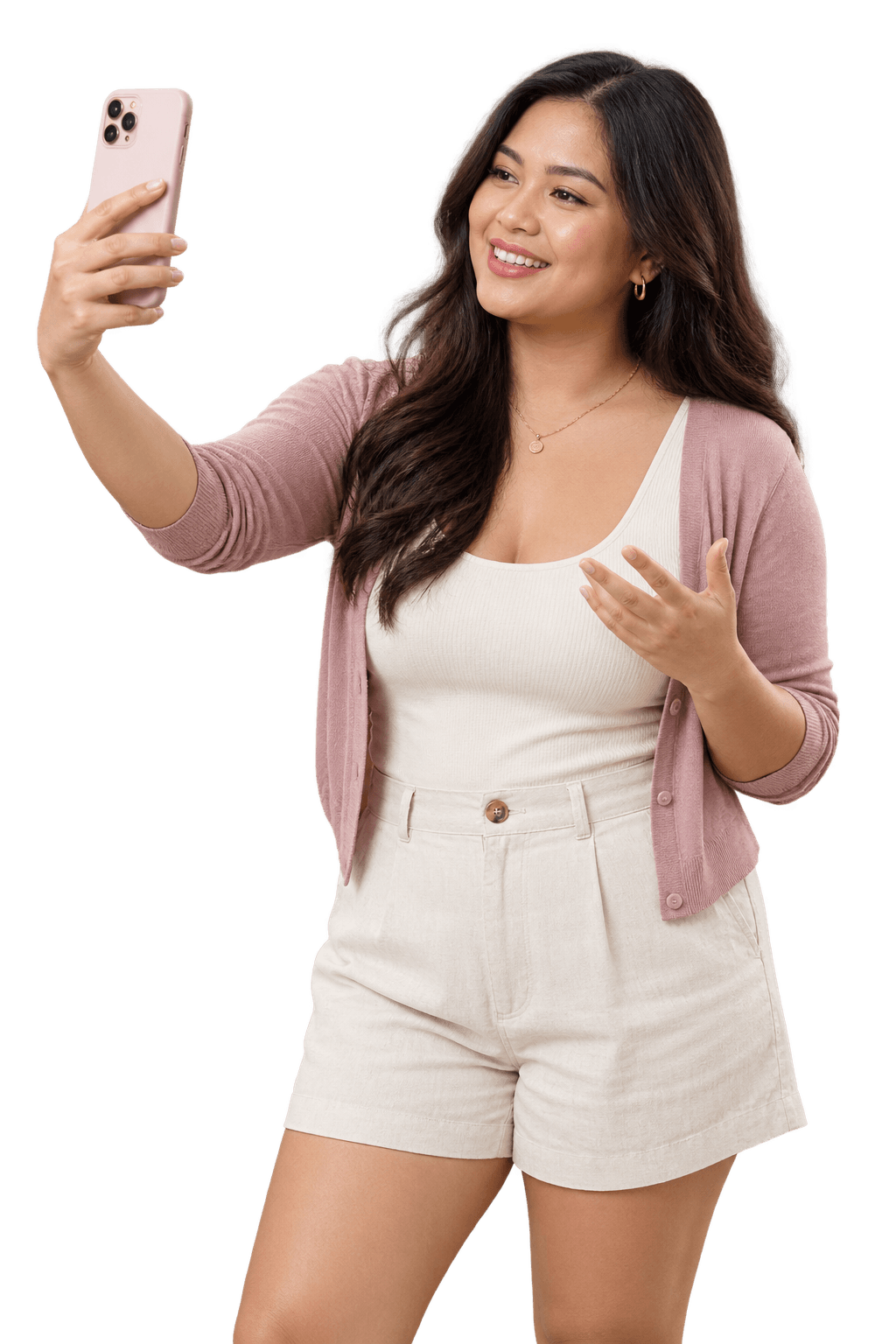 A Filipina woman recording a selfie update on her phone