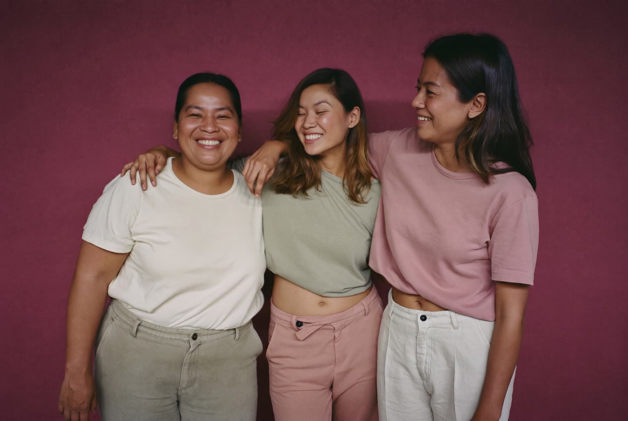 Three friends laughing together in front of a mulberry wall